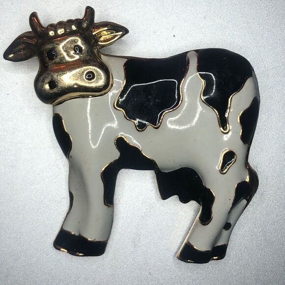 Large Vintage Cow‎ Animal Gold Black White Enamel Pin Brooch FIGURAL - Picture 1 of 3
